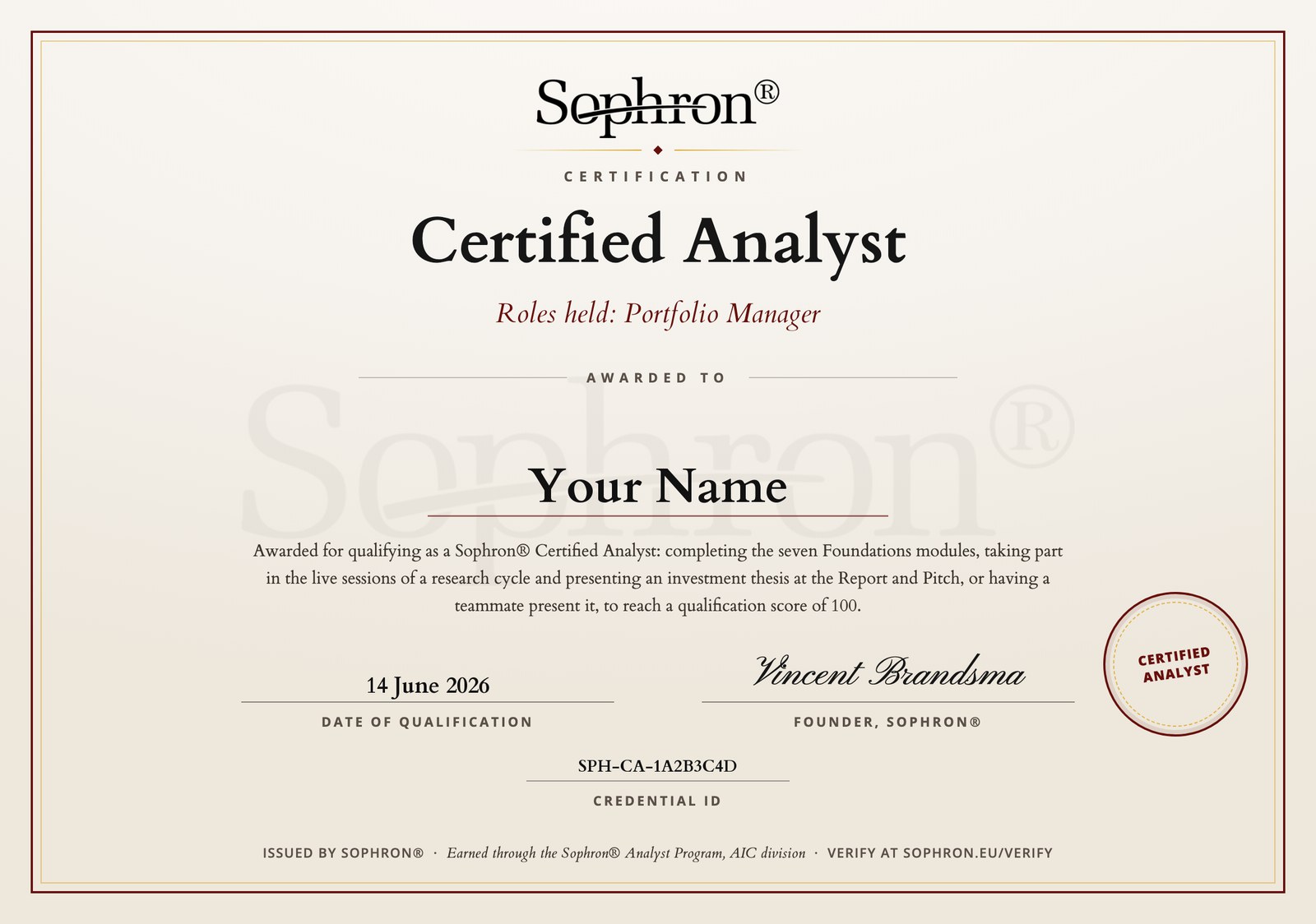 The Sophron® Certified Analyst credential, with the roles held and a credential ID