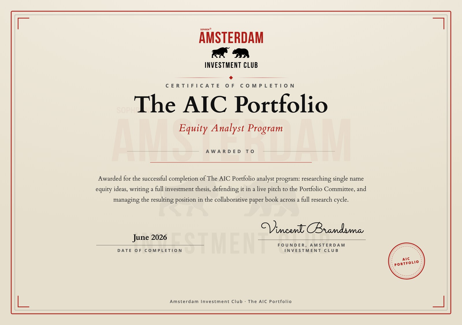 The AIC Portfolio Equity Analyst Program certificate of completion