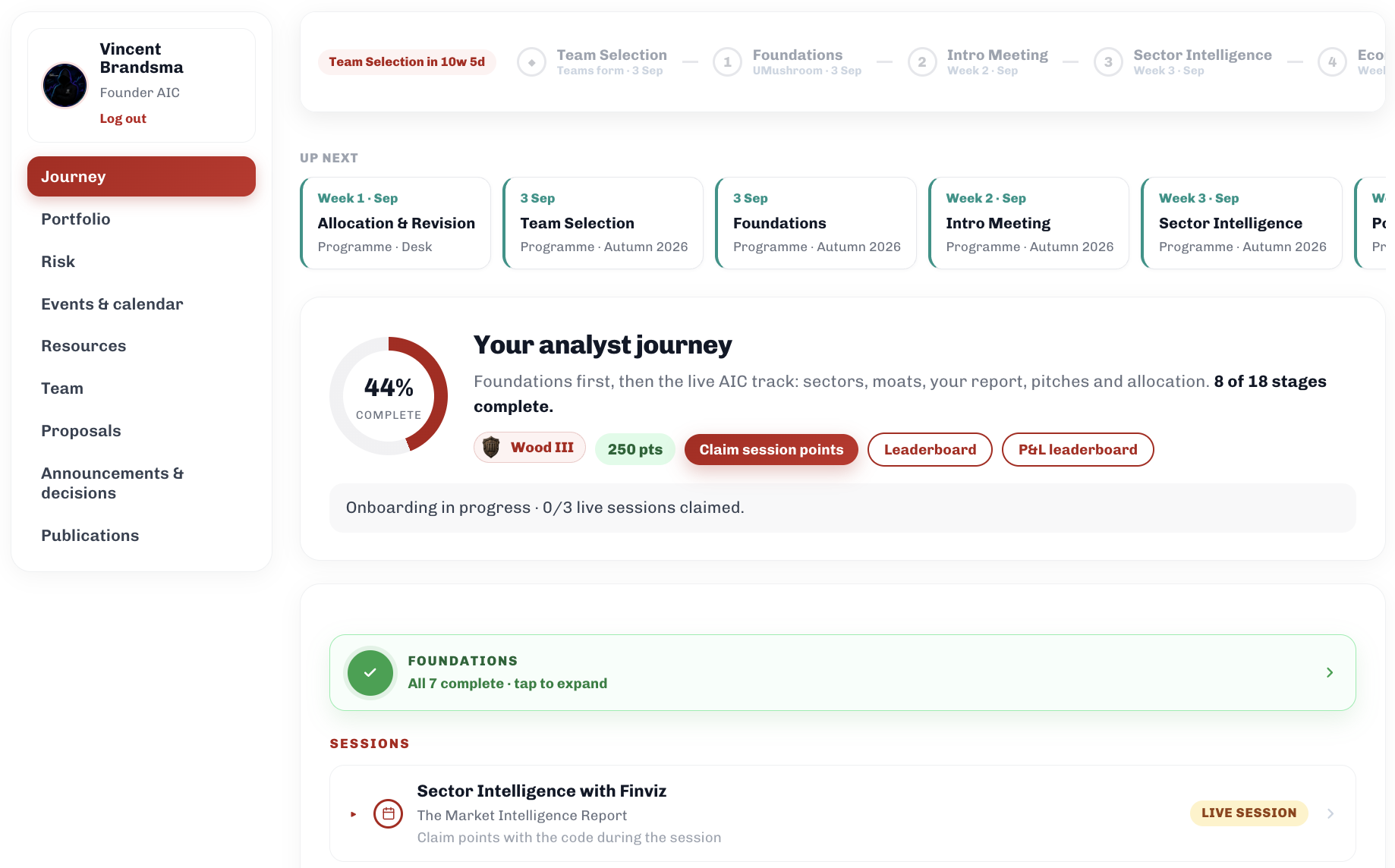 The analyst journey: stages, live sessions and points
