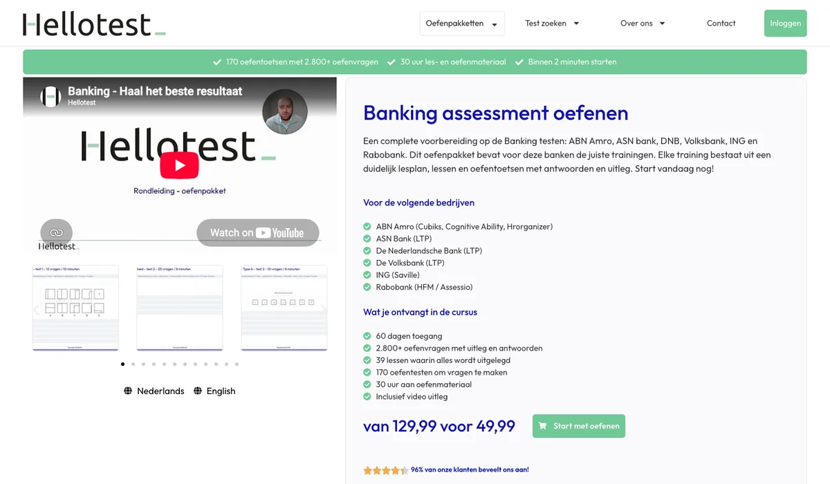 The Banking Assessment page on hellotest.nl
