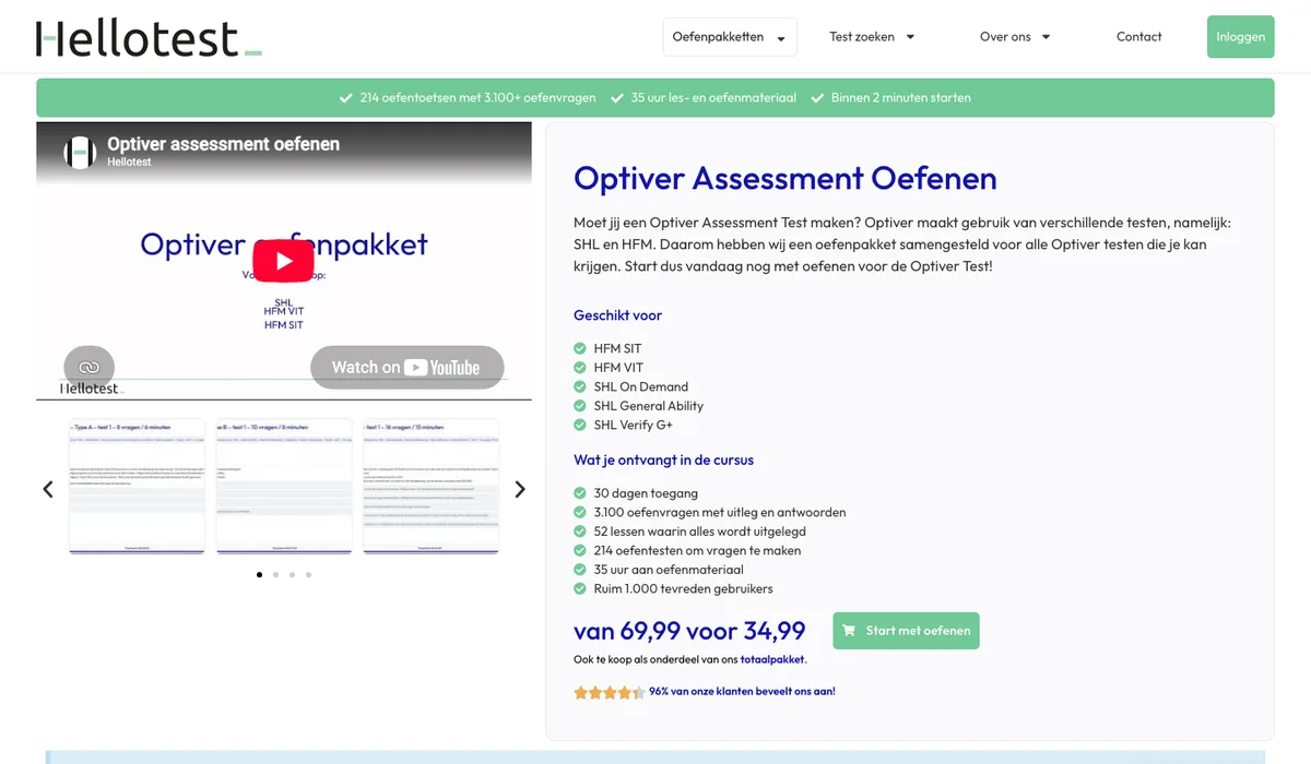 The Optiver assessment page on hellotest.nl