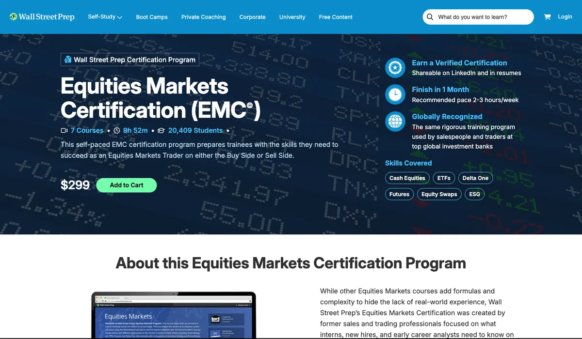 The Equities Markets Certification page on wallstreetprep.com