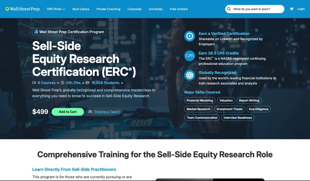 The Sell-Side Equity Research Certification page on wallstreetprep.com