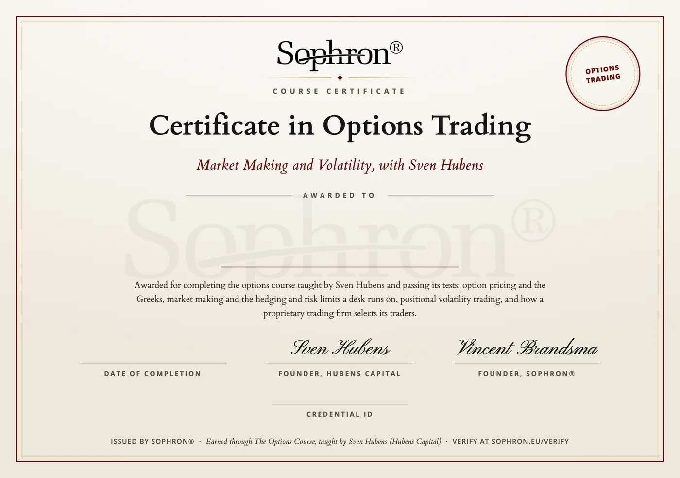 The Sophron® Certificate in Options Trading, awarded on completion